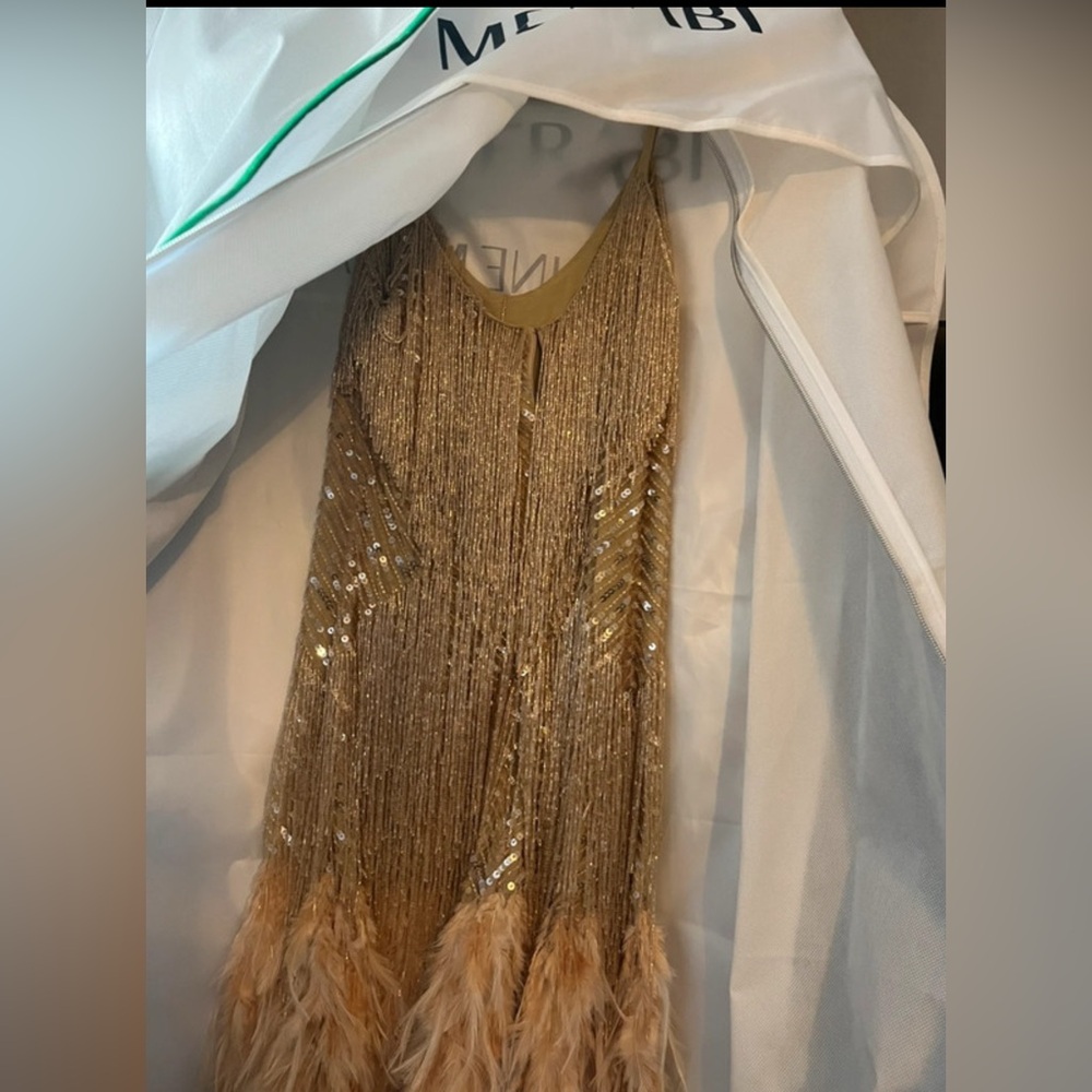 NADINE MERABI LOTTIE Champagne Mini Dress sequins feather - Picture 6 of 10